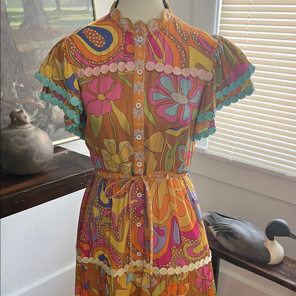 Vintage-Inspired Floral Midi Dress in Orange & Pink
